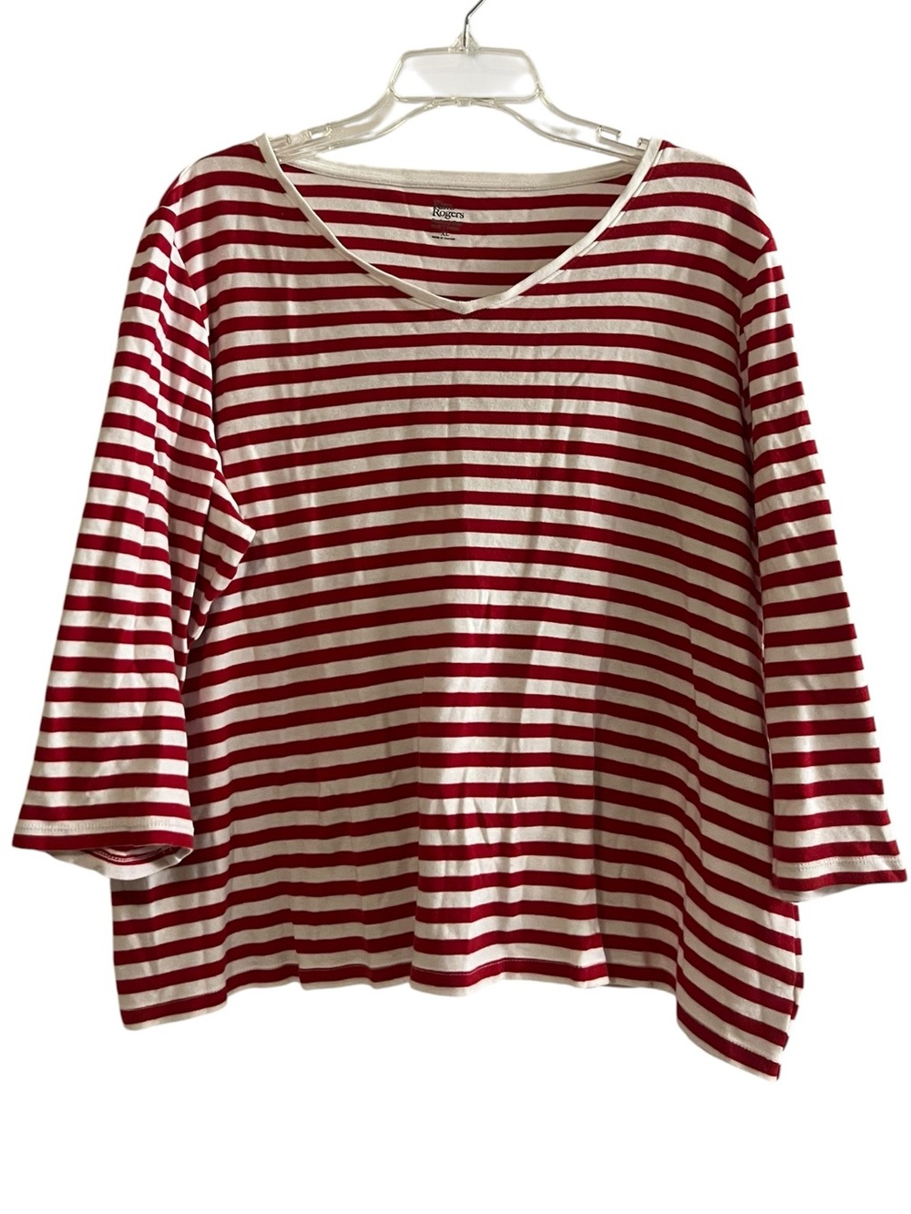 Kim Rogers 100% Cotton Striped V-Neck 3/4 Sleeve Top Red White XL